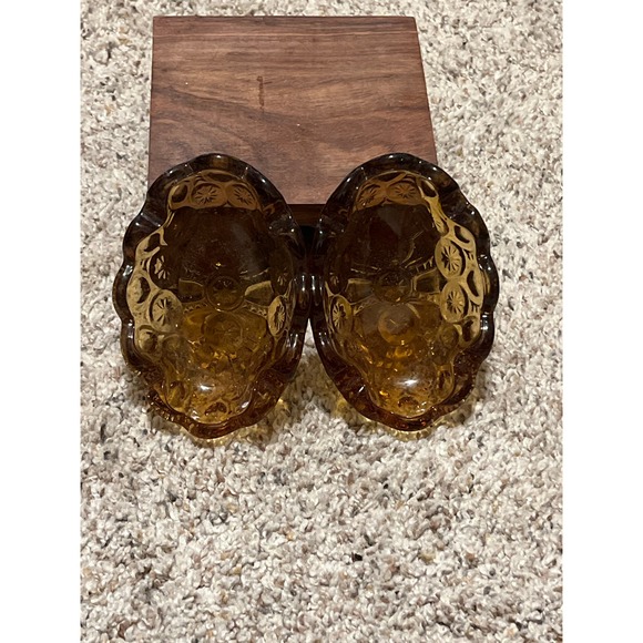 Pair of L E Smith Amber Oval Ashtrays Soap Dish Moon and Stars - Picture 7 of 8